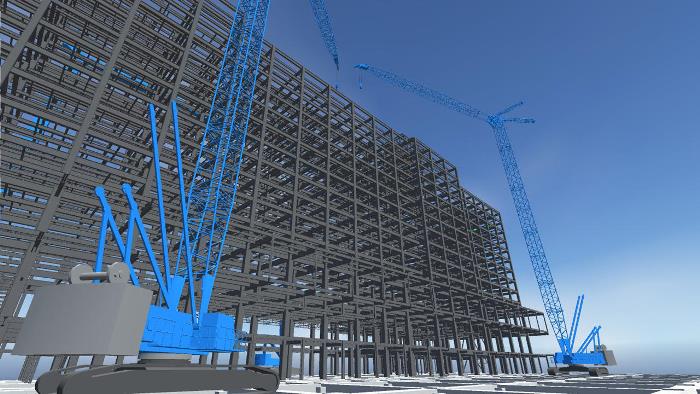 　 3Dモデルで再現したクレーンと建築物　Ⓒ大林組