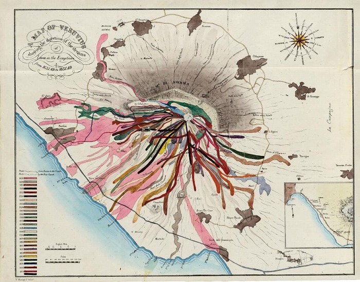 　1631年から1831年の間にベスビオ山の28回の噴火から流れた溶岩が記録された地図
　（COURTESY OF HOUGHTON LIBRARY, HARVARD UNIVERSITY）
　※上記の画像、キャプションをクリックすると画像の出典元のNational Geographicの
　　Webサイトへリンクします。