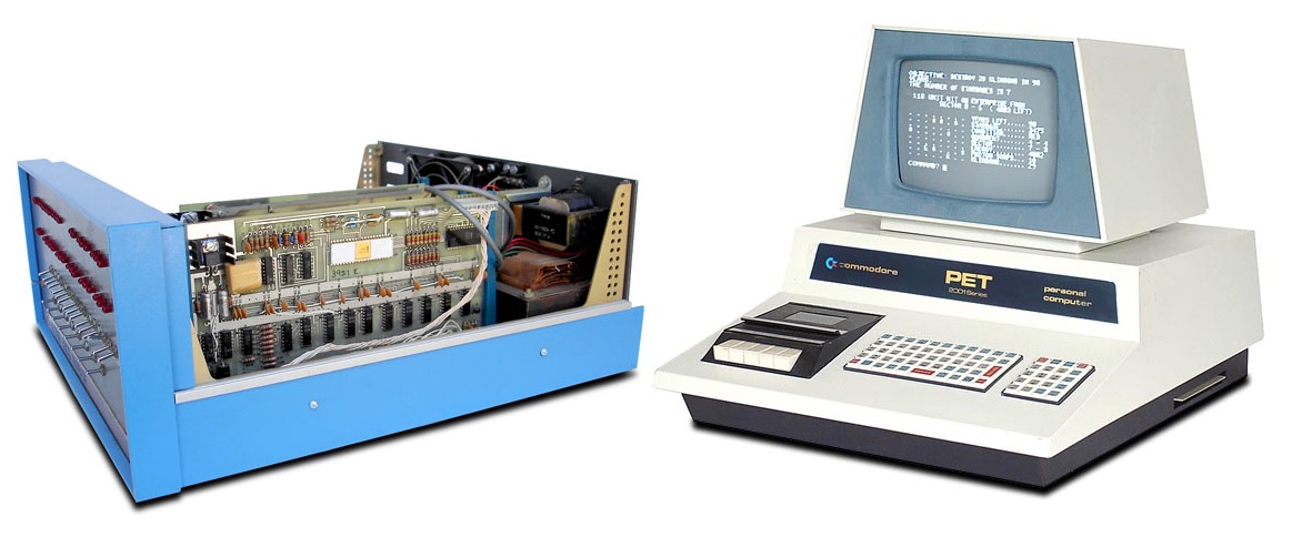 　世界最初の組み立てコンピュータキットAltair8080 はただの箱だったが１年後のCommodore
 　PET2001はジョブズのAppleIIとほぼ同時に登場しモニターとキーボードの構成をオールイン
　ワンにした
　※上記の画像、キャプションをクリックすると画像の出典元のoldcomputers.netへリンクし
　ます。