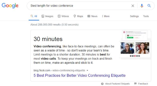 　Googleの検索結果：理想的なオンライン会議の長さ