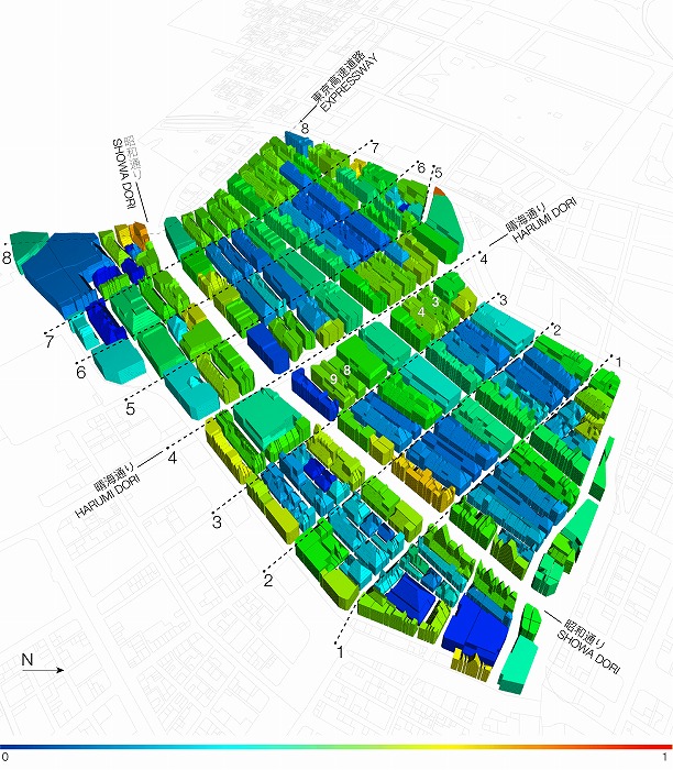 　Image 1 - AI (legal expert system) inferring the regulatory limits applied to parcels in 
　　　　　　Ginza, based on the City Planning Act and Building Standards Act enforced by 
　　　　　　the Tokyo City Plan. 3D simulation of maximum volumes per parcel, colored 
　　　　　　according to the possible relaxation of the road height restriction. Developed 
　　　　　　as part of the author's PhD thesis.