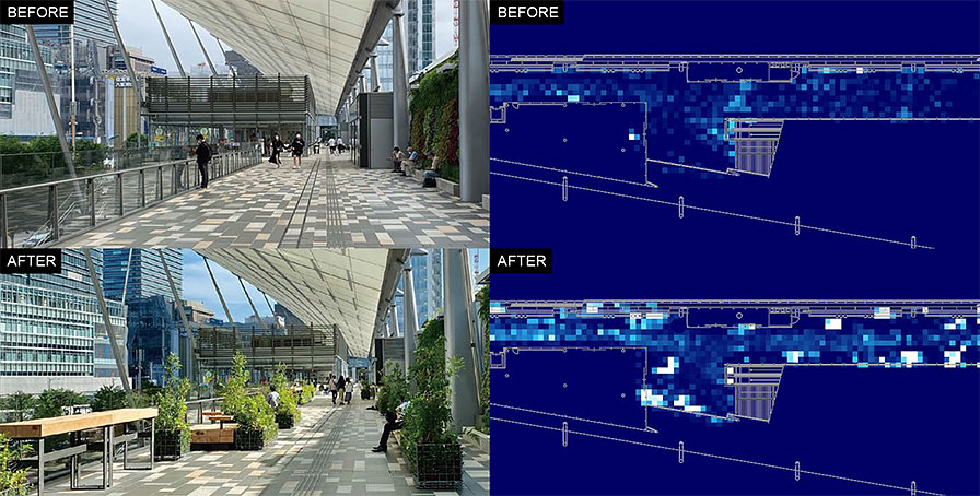 　 滞在データに基づく空間改善提案のイメージ
　（設置した什器による人の滞在効果を検証し、より快適な空間提案を実現）　Ⓒ日建設計