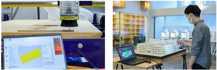 　プログラミングしたデザインをCNC加工機で　　3Dスキャナで建築模型をデジタルアーカイブ
　作成する様子　Ⓒ積水ハウス　　　　　　　　　する様子　Ⓒ積水ハウス