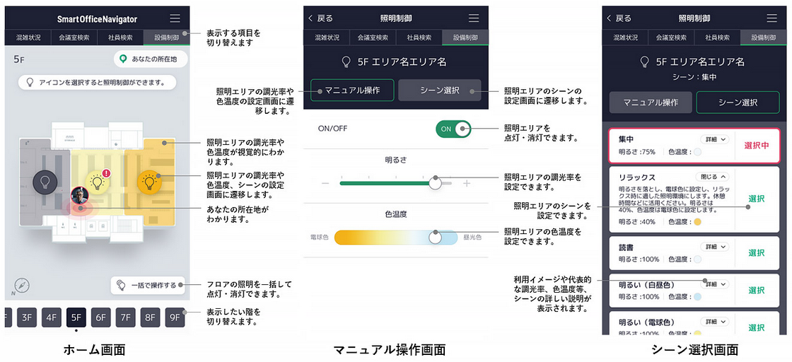 　統合UIアプリ（照明制御）の画面イメージ　Ⓒ日建設計