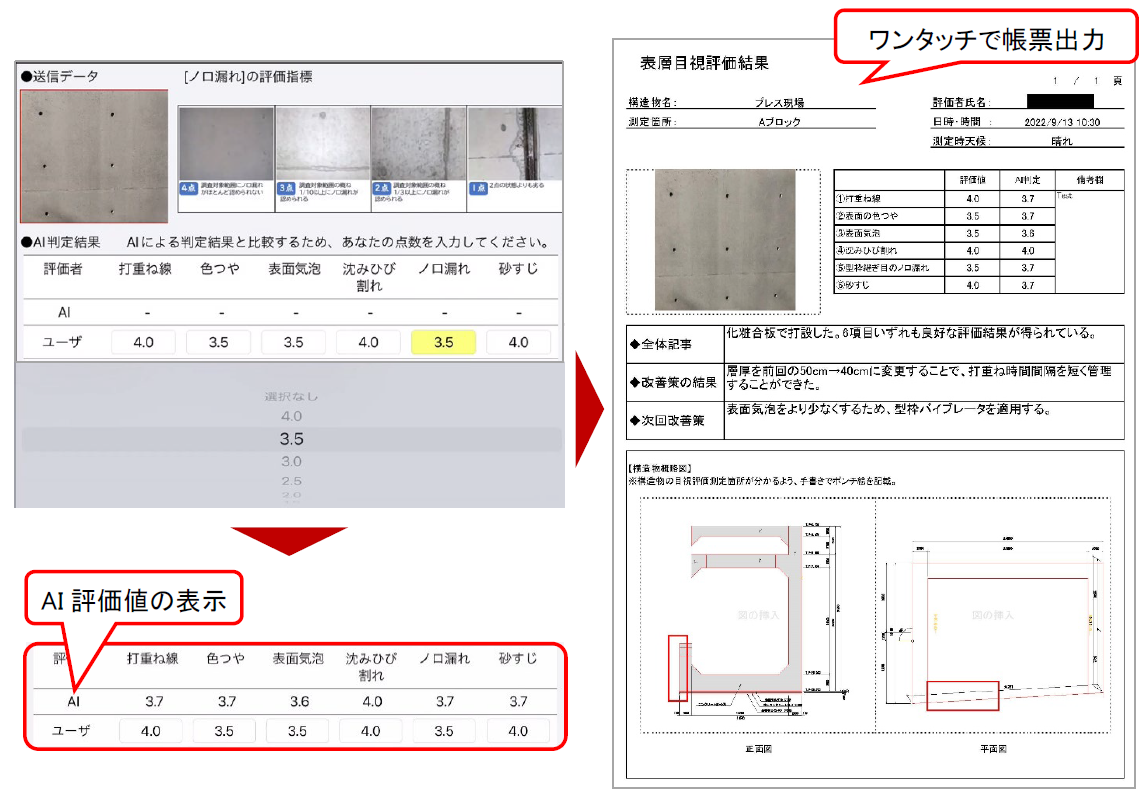 　表層品質評価アプリによる判定と出力帳票一例　Ⓒ鹿島