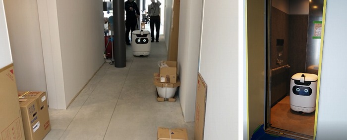 　配送ロボット動作実証状況（左：フロア走行、右：エレベータ搭乗）　Ⓒ竹中工務店