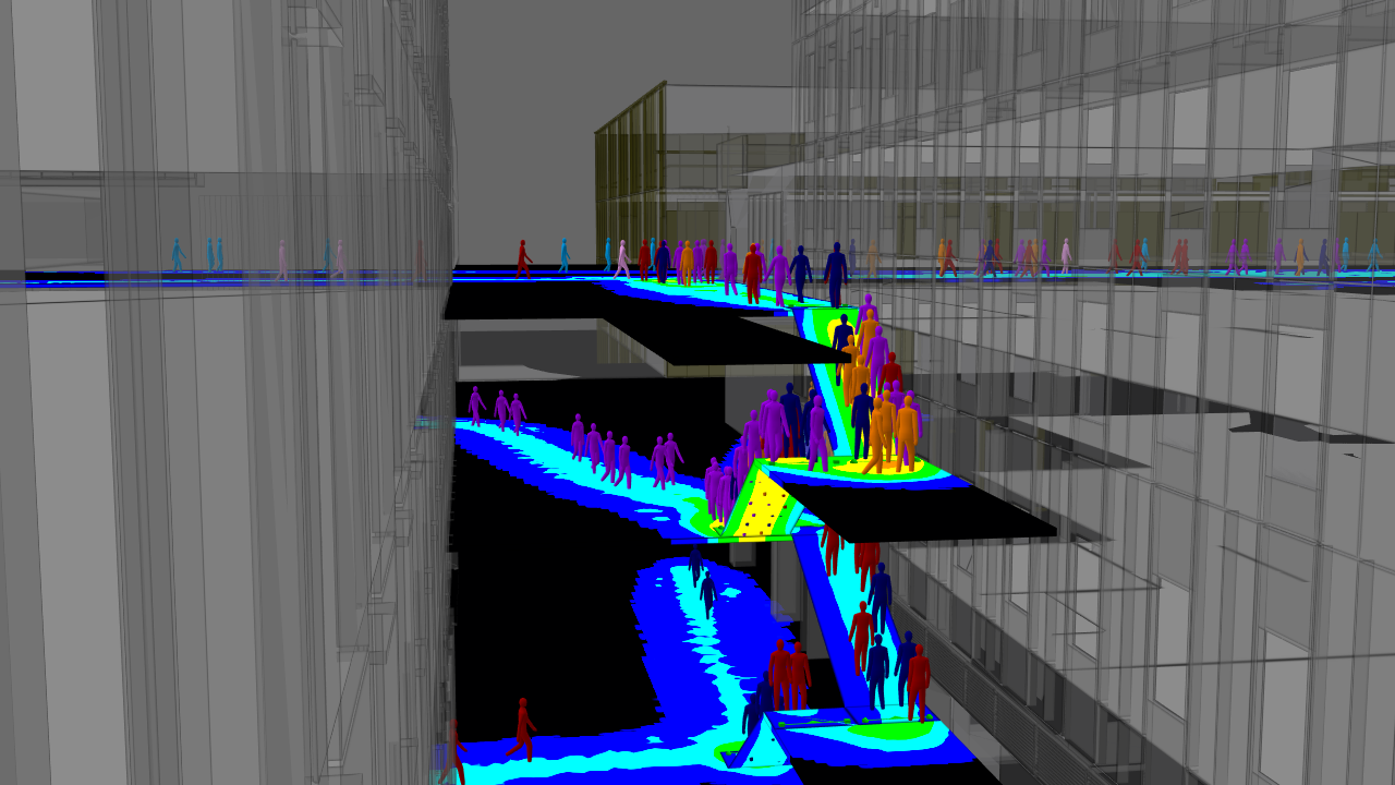 　複数の建物間を移動するシミュレーション例　Ⓒ日建設計