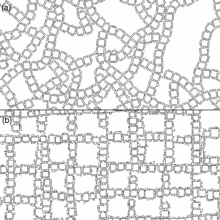 　図５．a) 第２階の角度をランダム化、b) 第１層の周期をランダム化