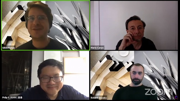 　図３．DigitalFUTURES WORLDでのMario Carpo、Gilles Retsin、Roland Snooks、
　Philip F. Yuanによる建築と自動化についての議論。
　※上記の画像、キャプションをクリックすると画像の出典元のYouTubeへリンクします。