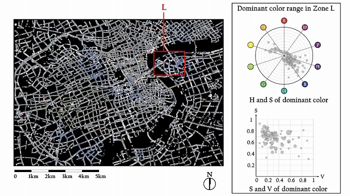 　図3　上海中心部（124.6 km2）の建物ファサードのドミナントカラーをマッピング。右図は
　　 　   L地区＝高層ビルが建ち並ぶ浦東新区のカラー分布