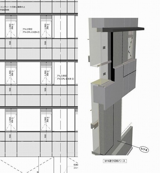 　　　　 Archicadによる立面図(左)と外壁の3Dモデル(右)