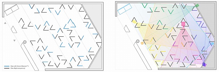　平面計画図（左：特殊ガラスと高透過ガラスの配置、右：プロジェクターの配置・配光）