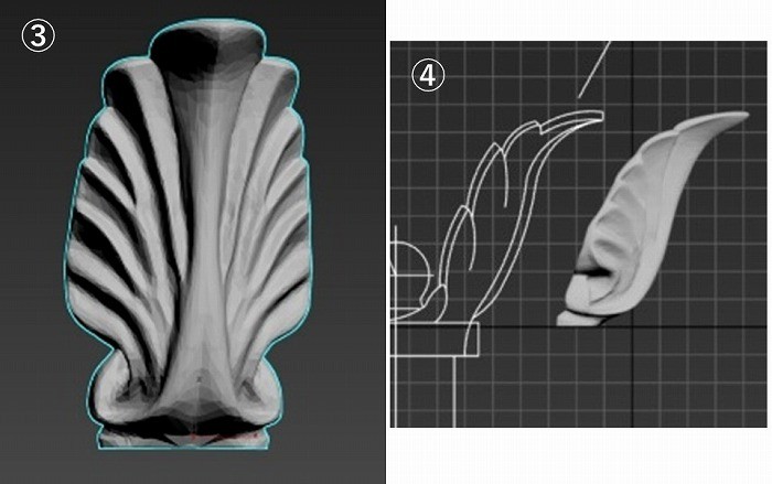図2 ③3Dモデル生成(アカンサスの葉)、④3Dモデルデータ修正の様子