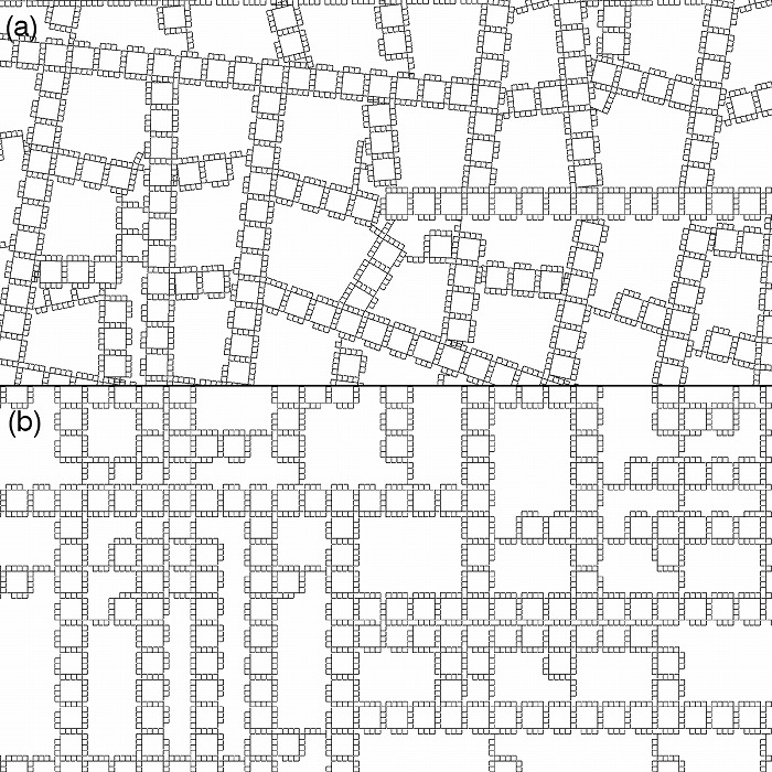 　図２．a) 第６層の角度をランダム化、b) 第５層の周期をランダム化