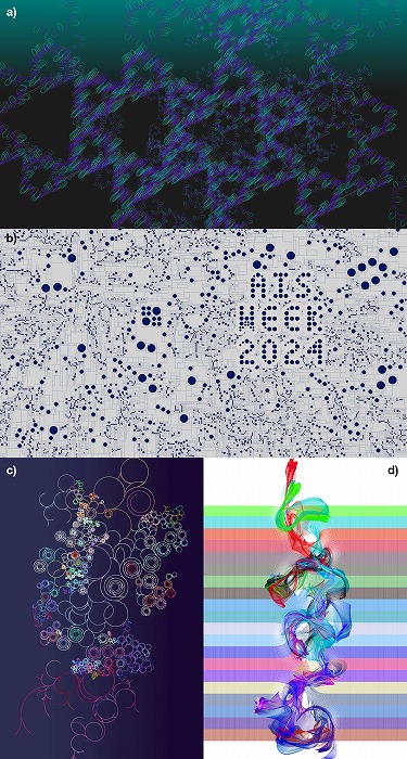 　　　　　　　　　図1 a) CAADRIA2025のグラフィック b) AIS WEEK2024の
　　　　　　　　　グラフィック c) 枝分岐アルゴリズムを用いたグラフィック 
　　　　　　　　　d) スウォームアルゴリズムを用いたグラフィック