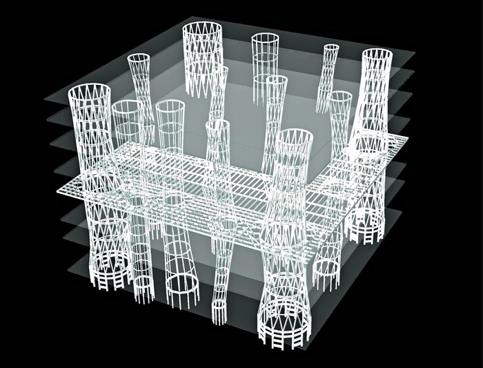 　せんだいメディアテークの構造システム　Ⓒ佐々木睦朗構造計画研究所
　※上記の画像、キャプションをクリックすると画像の出典元の東京大学総合研究博物館データ
　　ベースのWebサイトへリンクします。