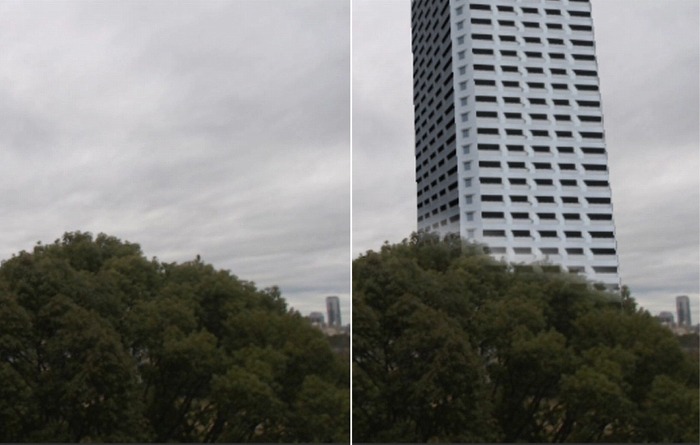 　図1　左：現状の映像（ビフォー）、右：3Dモデルをオクルージョン処理したAR/MR
　　　（アフター）