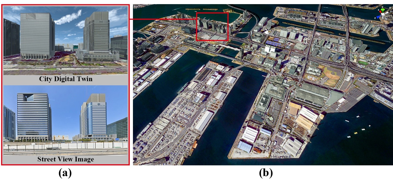 　図2　実験対象地域の3D都市モデル（東京都江東区・港区）：(a) CDT（上）と現実世界の
　　　  ストリートビュー（下）の同じ視点からのビュー。(b) CDTの俯瞰。