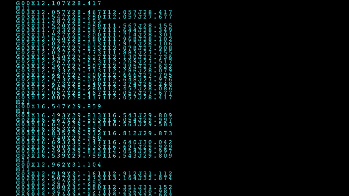 　図５．作成されたG-codeの一部。G01が直線移動、G02、G03がそれぞれ時計回り/反時計
　　　　回りの円弧移動、M11、M21がプラズマオン/オフ、G00が非切断時の高速直線移動。