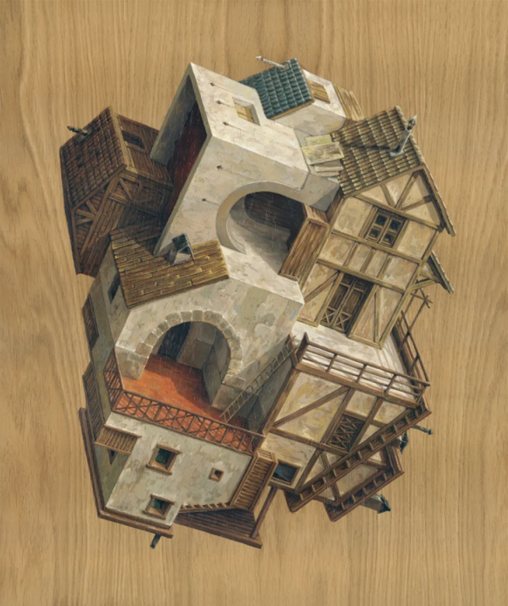 　バルセロナの画家チンタ・ビダルの描く多重力で懐かしい世界観はまさにメタバースで
　実現したい建築だろう（“Middle Age” 2016 /　ⒸCinta Vidal）
　※上記の画像、キャプションをクリックすると画像の出典元のCinta VidalのWebサイトへ
　　リンクします。