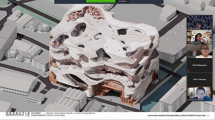 　図４. 都市の空間・時間的複雑性に誘起される多様で一貫した建築の複雑性をテーマにした設計
　スタジオの遠隔講評会。画面はZhe ChenとYiwen Wangの作品。