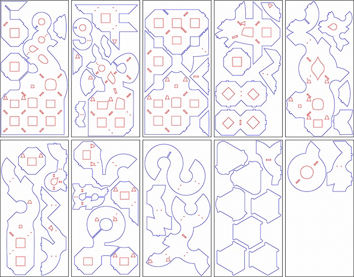 　図7　CNC加工ファイル（青線が外周の輪郭線、赤色が内部の輪郭線）
